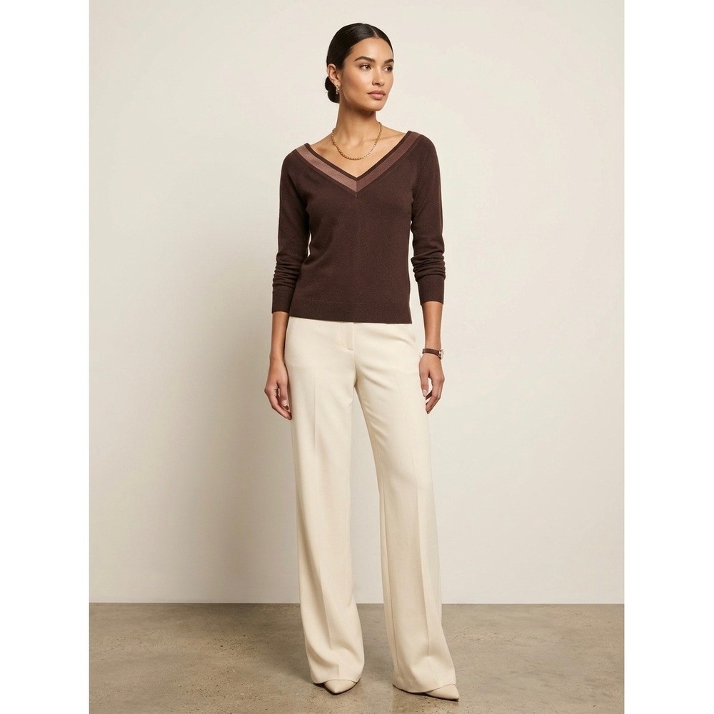 L'AGENCE Brown V-Neck Contrast Trim Rayon Blend Knit Sweater Size S
